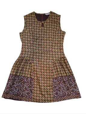 Sleeveless Brown and Olive Patterned A-Line Dress